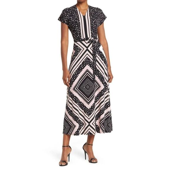 London Times Womens Black Pink V-Neck Short Flutter Sleeve Midi Dress Sz 8 NWT